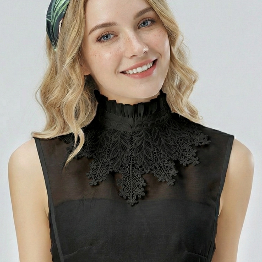 Embroidered, lace, guipure, and satin shirt collar collection featuring elegant designs and premium fabrics that add a feminine and luxurious touch to everyday and formal looks – black , lavito scarf 
كولكشن ياقات شميز مطرزة، دانتيل، جوبير وستان بتصاميم أنيقة وخامات مميزة تضيف لمسة أنوثة وفخامة للإطلالات اليومية والرسمية , اسود – لافيتو سكارف