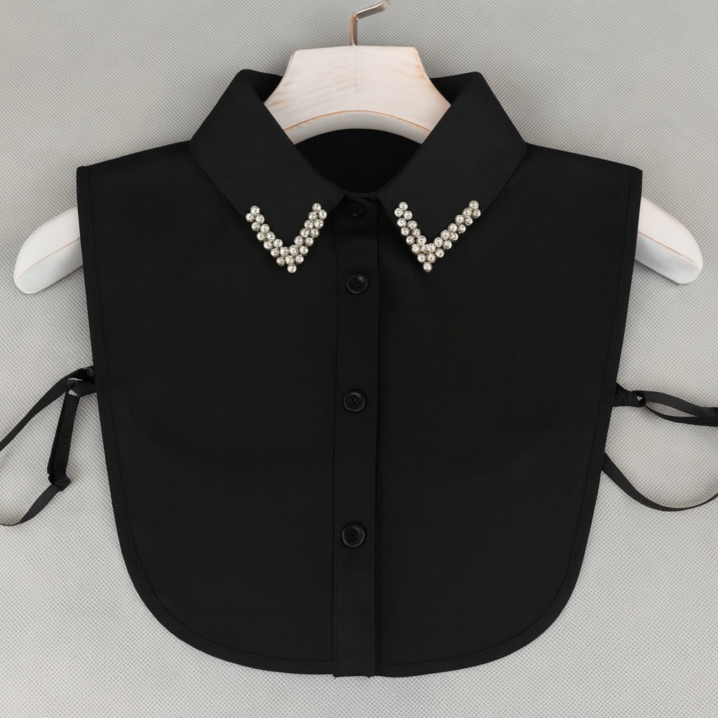 Embroidered, lace, guipure, and satin shirt collar collection featuring elegant designs and premium fabrics that add a feminine and luxurious touch to everyday and formal looks – black, lavito scarf 
كولكشن ياقات شميز مطرزة، دانتيل، جوبير وستان بتصاميم أنيقة وخامات مميزة تضيف لمسة أنوثة وفخامة للإطلالات اليومية والرسمية , اسود – لافيتو سكارف