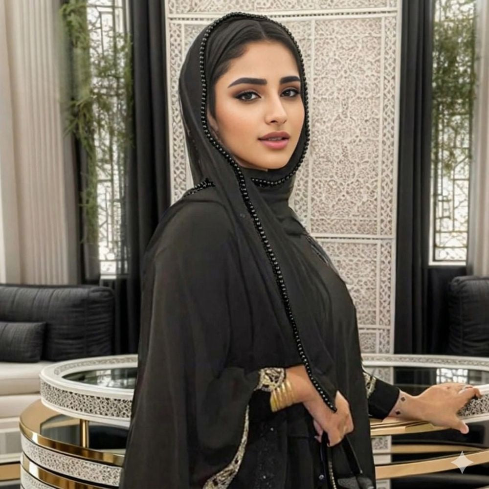 Premium Beaded Black Chiffon Hijab