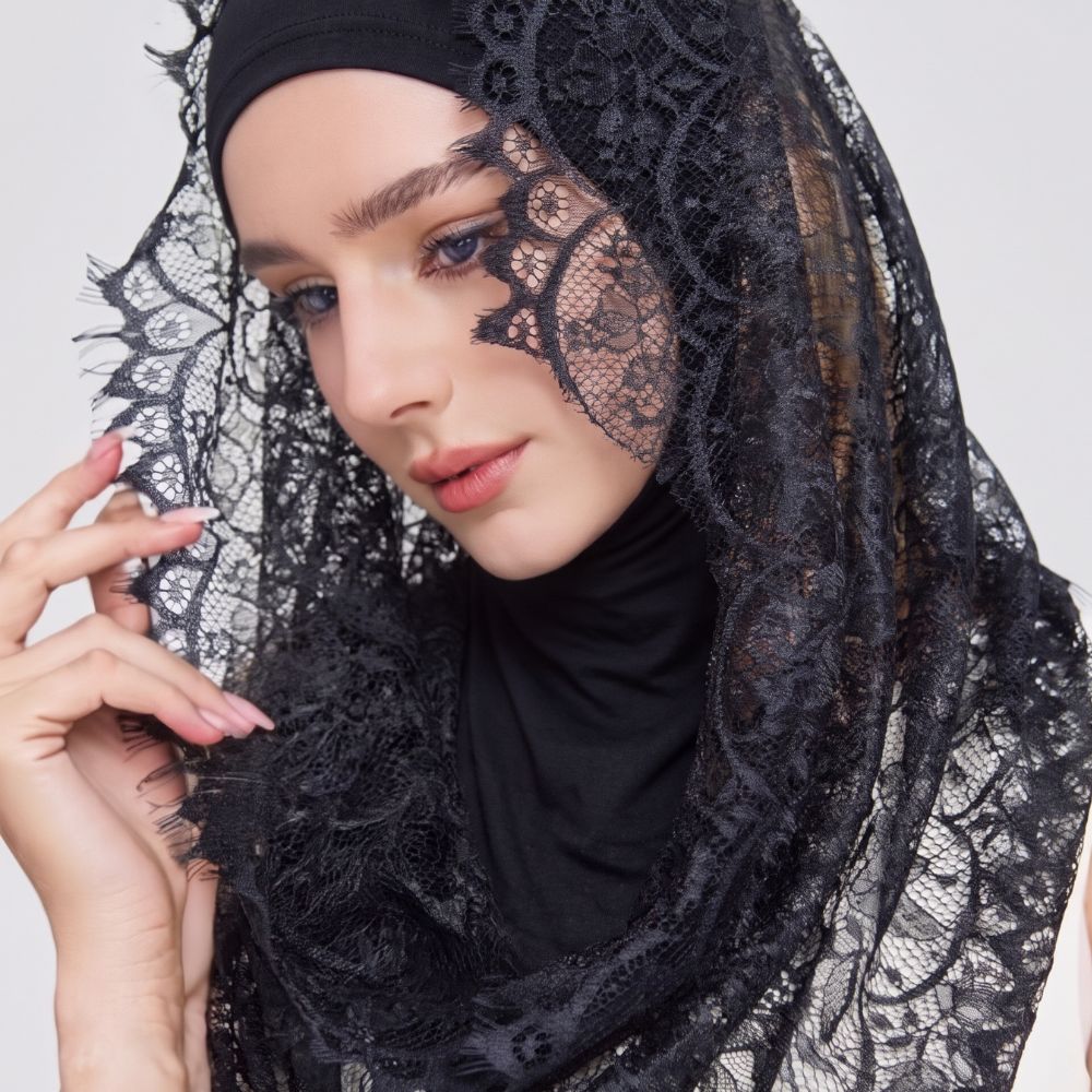 Premium Small Round French Lace Veil with Attached Tone-on-Tone Cotton Bandana