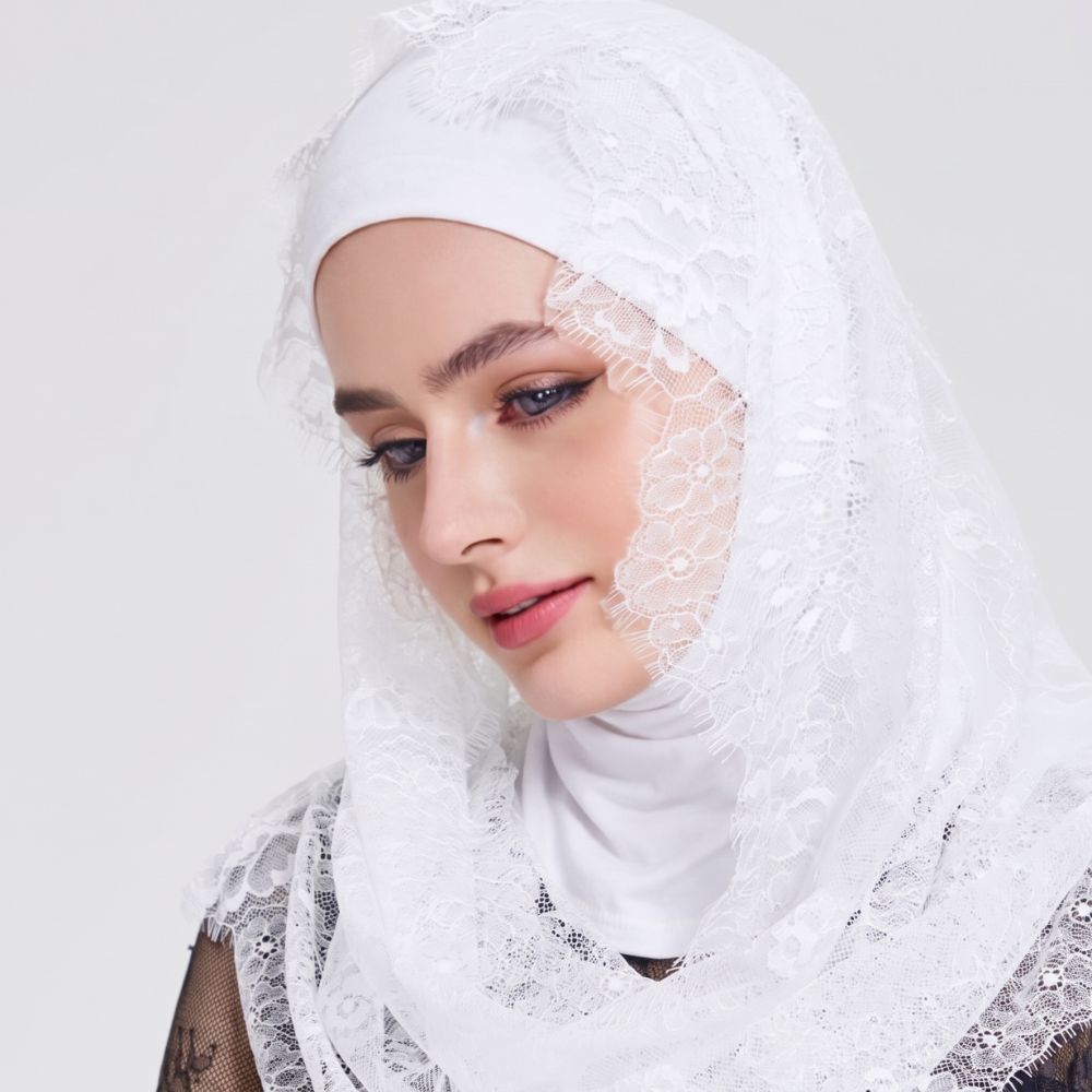 Premium Small Round French Lace Veil with Attached Tone-on-Tone Cotton Bandana