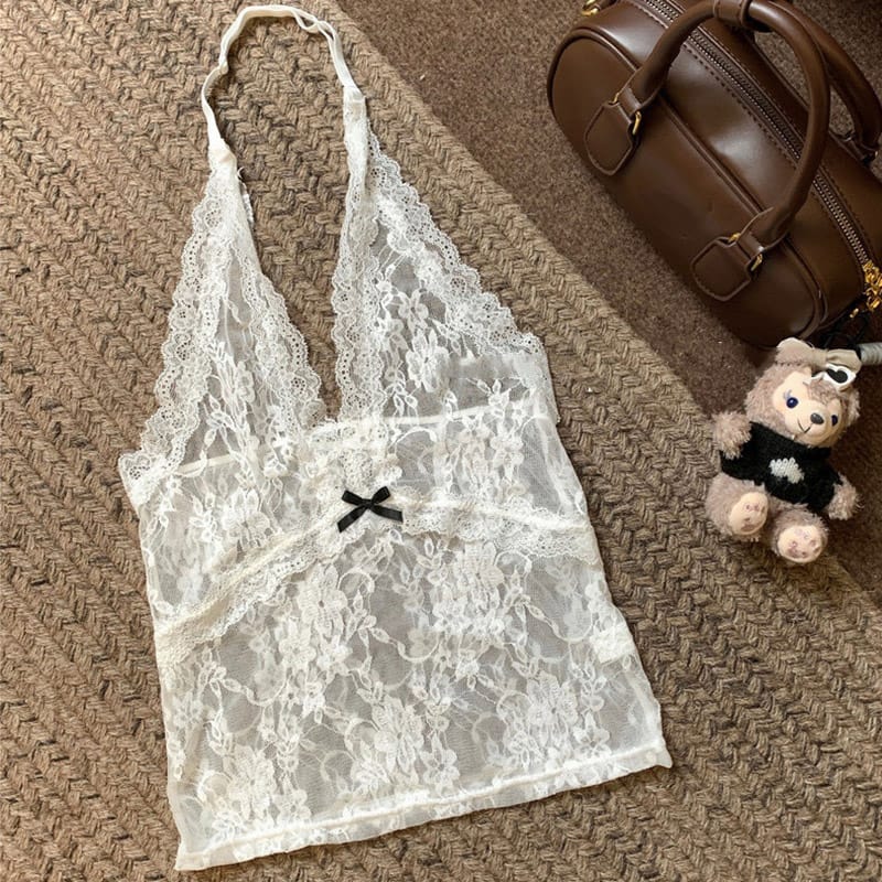 Elegant Halter Neck Lace Top with Bow 407