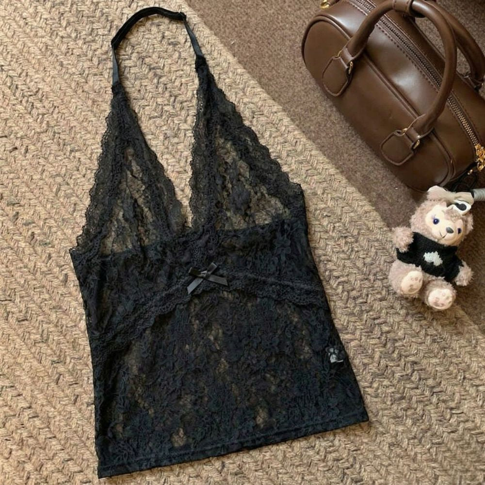 Elegant Halter Neck Lace Top with Bow 407