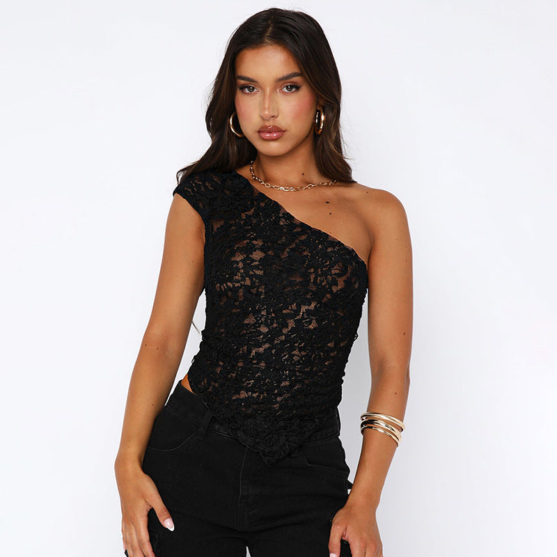 Trendy One-Shoulder Lace Tie-Back Top