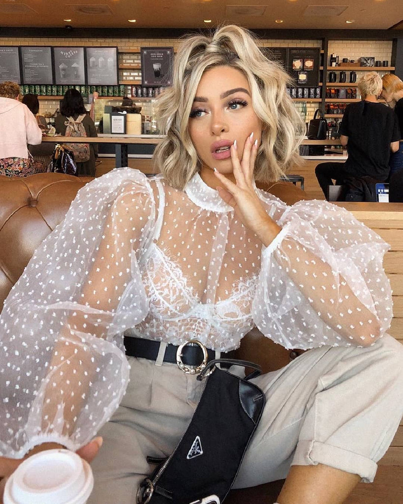 Fashion Women Polka Dot Mesh Blouse Puff Fall