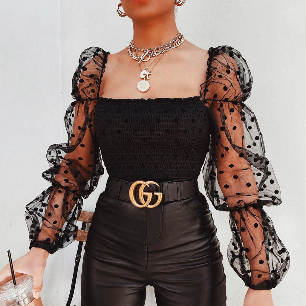 Fashion Women Polka Dot Mesh Blouse Puff Fall