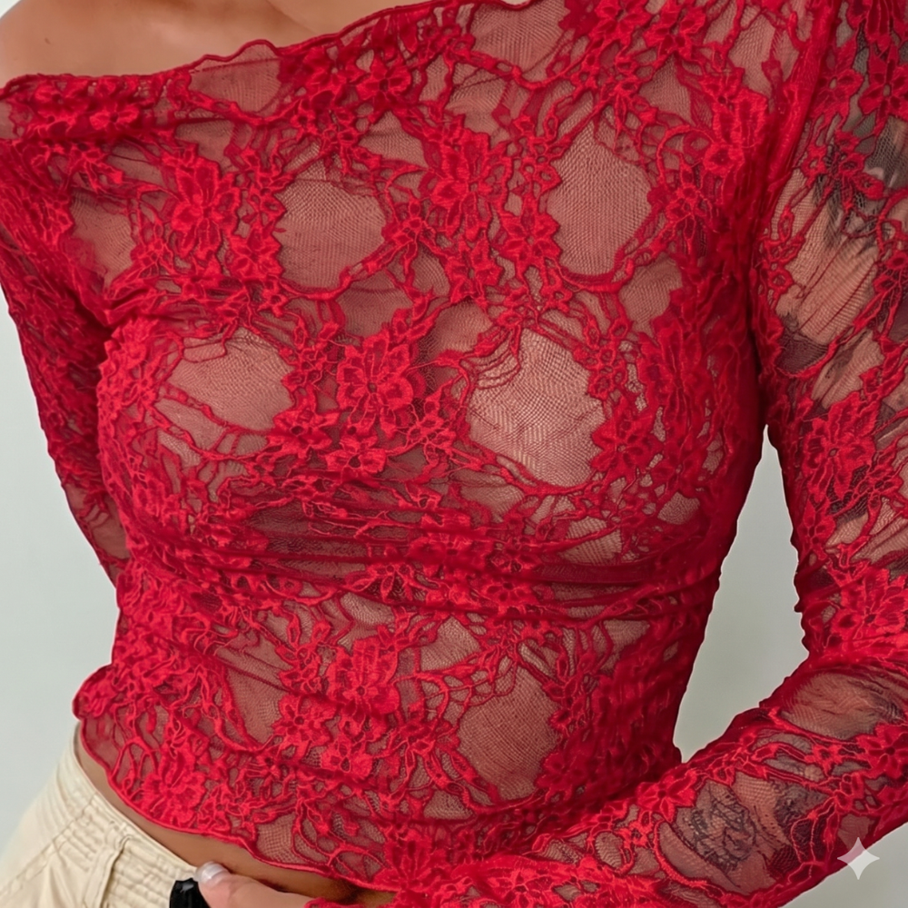 Wide-Neck Long Sleeve Lace Top 401